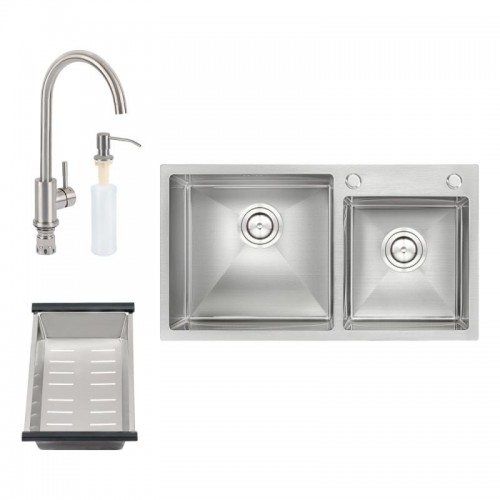 Набір QT S7843 SET кухонна мийка подвійна (інтегрована) Satin + змішувач + сушіння + диспенсер