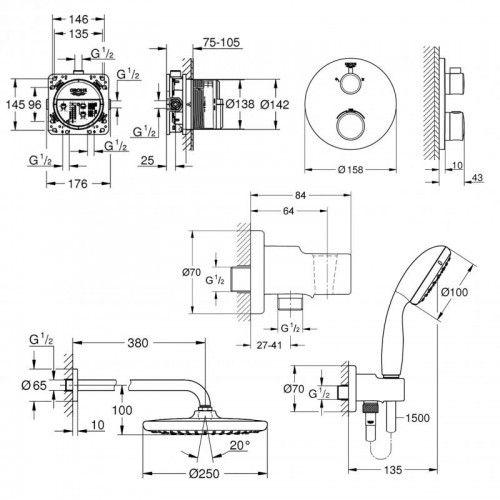 Изображение Душевая система для ванной комнаты Grohe Grohtherm Tempesta 250l 26416SC0 (26406001+26668000+35600000+24076000)