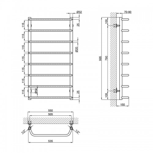 Рушникосушарка Lidz Standard (CRM) D32/20х1/2" 500x1000 P8 водяна