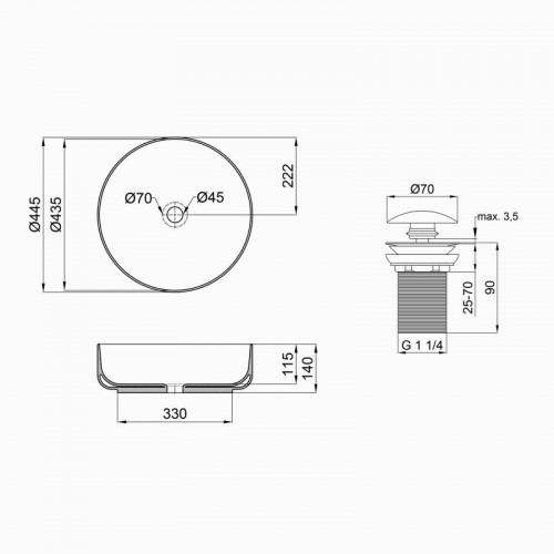 Раковина Qtap Kalao накладна кругла з донним клапаном 440х440х140 мм White