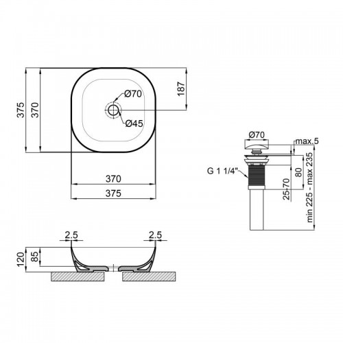 Раковина Qtap Kolibri накладная квадратная с донным клапаном 370х370х120mm WHITE