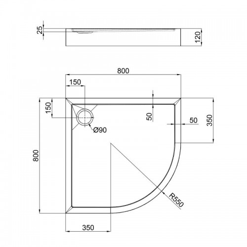 Душевой поддон Qtap ROBIN 308812C, полукруглый, 80x80x12, акриловый + ножки, диаметр слива 90 мм + сифон с гидрозатвором хром