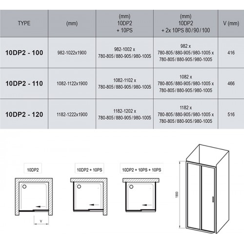 Душові двері RAVAK 10° 10DP2-110 ПОЛІР. АЛЮМ. +TRANSPARENT