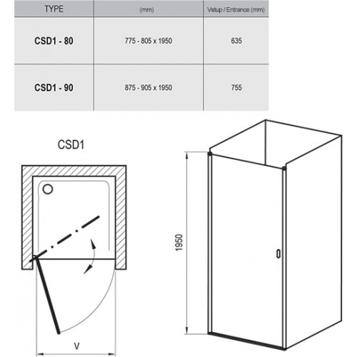 Изображение Душевые двери RAVAK Chrome CSD1-80 ПОЛИР. АЛЮМ.+TRANSPARENT