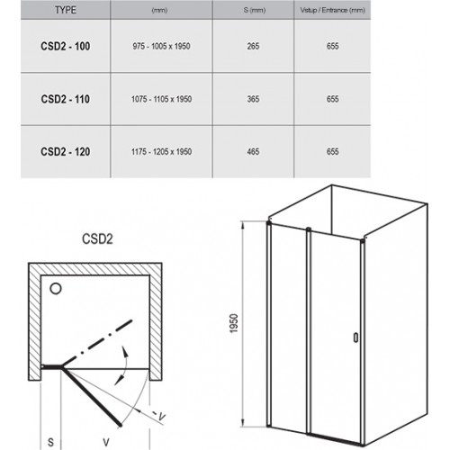 Изображение Душевые двери RAVAK Chrome CSD2-110 ПОЛИР. АЛЮМ.+TRANSPARENT