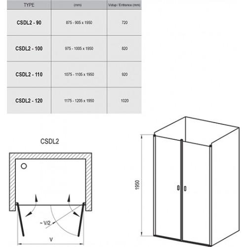 Душевые двери RAVAK Chrome CSDL2-100 САТИН+TRANSPARENT