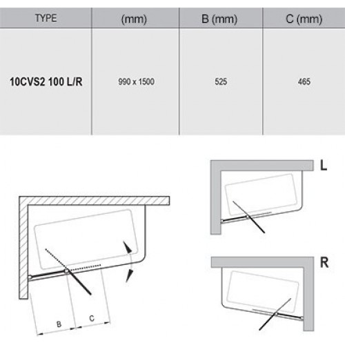 Штора для ванн RAVAK 10CVS2-100 R ПОЛІР.АЛЮМ.+TRANSPARENT