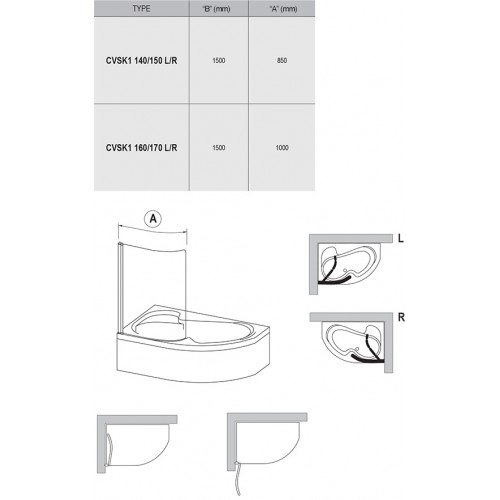 Штора для ванн RAVAK CVSK1 ROSA 140/150 L ПОЛИР.АЛЮМ.+TRANSPARENT