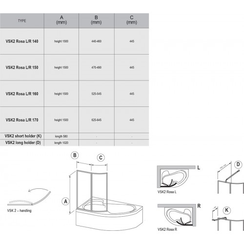 Штора для ванн RAVAK VSK2 ROSA II L 170 TRANSPARENT