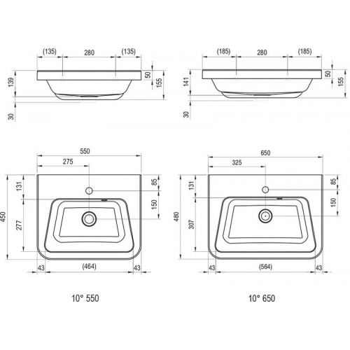 Умывальник RAVAK 10° 550 белый с отверстием