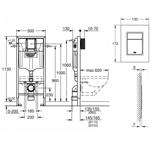 Инсталляция 3 в 1 для унитаза Grohe Rapid SL с кнопкой Skate Cosmopolitan S 39501000