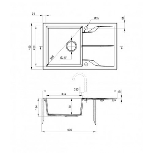 Кухонная мойка Deante Andante, гранит 780х490х194мм, черный