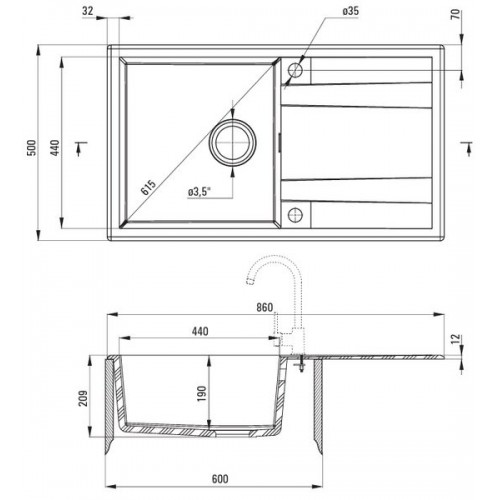 Кухонная мойка Deante Eridan, гранит 860х500х209мм, металлический графит