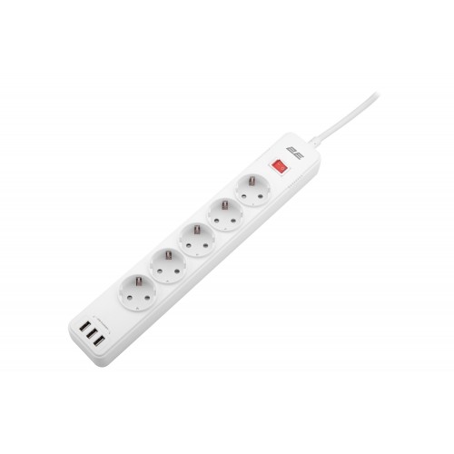 Сетевой удлинитель 2E 5XSchuko с защитой от импульсных скачков напряжения, 3G*1.5мм, 3*USB-A, 2м, white