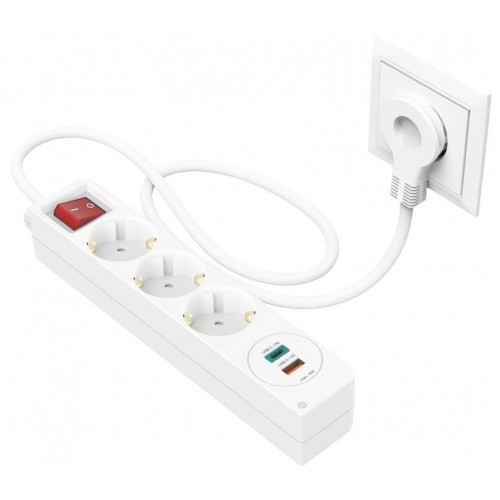 Сетевой удлинитель HAMA 3XSchuko 3G*1.5мм 1.4м USB-C/A, PD/QC White