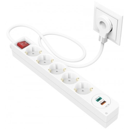 Изображение Сетевой удлинитель HAMA 5XSchuko 3G*1.5мм 1.4м USB-C/A, PD/QC White