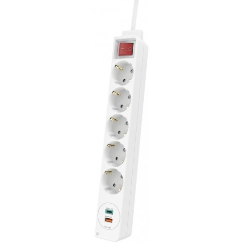 Мережевий подовжувач HAMA 5XSchuko 3G*1.5мм 1.4м USB-C/A, PD/QC White