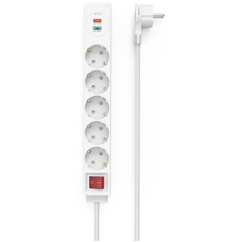 Мережевий подовжувач HAMA 5XSchuko 3G*1.5мм 1.4м USB-C/A, PD/QC White