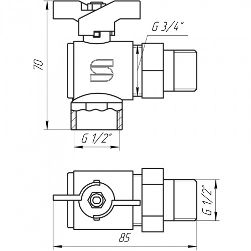 Изображение Кран шаровый угловой с американкой SELBA 1/2″ SL1543