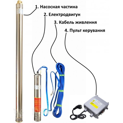 Насос скважинный с пов,уст к песку 2,5″ OPTIMA 2,5SDm1,5/25 0,37 кВт 67м + пульт+кабель 15м