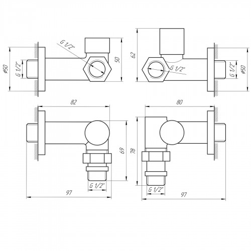 Зображення Набір кран вентильний кутовий з американкою SOLOMON LUX 1/2″ WHITE 7777 TEN (комплект 2шт)