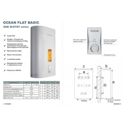 Изображение Водонагреватель Ocean FLAT RZB100M, ET+DT BASIC 100л