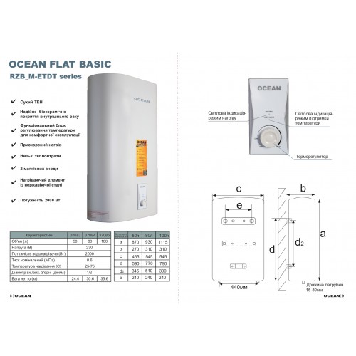 Зображення Водонагрівач Ocean FLAT RZB100M, ET+DT BASIC 100л