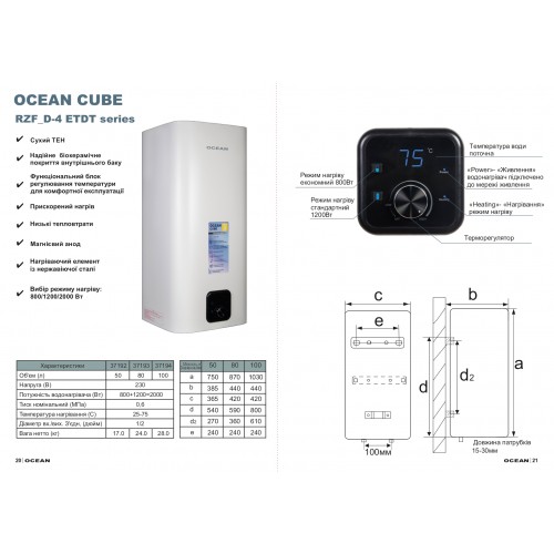 Зображення Водонагрівач Ocean CUBE RZF50D-4, ET+DT (сухий тен) 50л