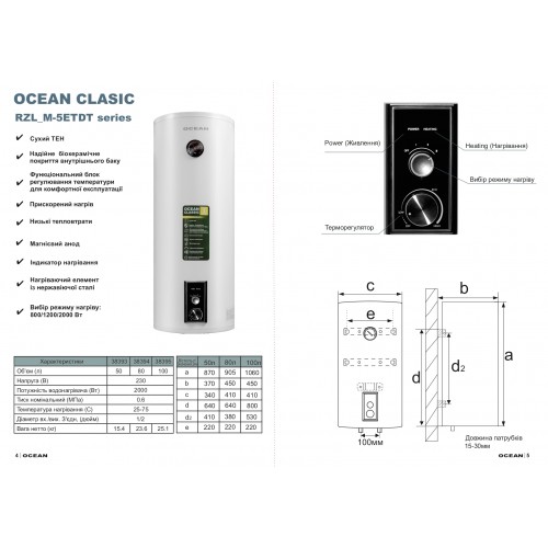 Зображення Водонагрівач Ocean RZL50M-5 ETDT CLASSIC (сухий тен) 50л