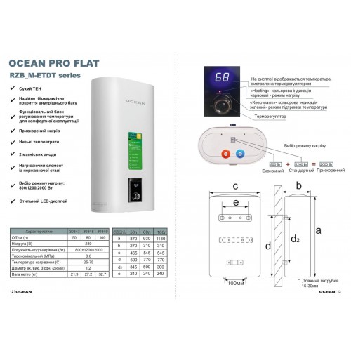 Изображение Водонагреватель Ocean FLAT RZB50M, ET+DT