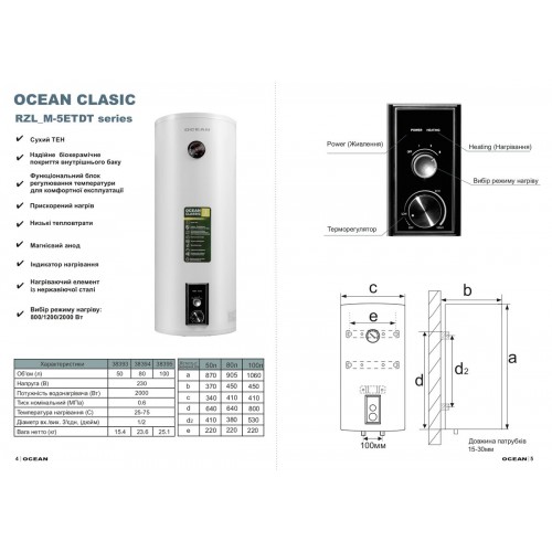 Изображение Водонагреватель Ocean RZL100M-5 ETDT CLASSIC (сухой тен) 100л